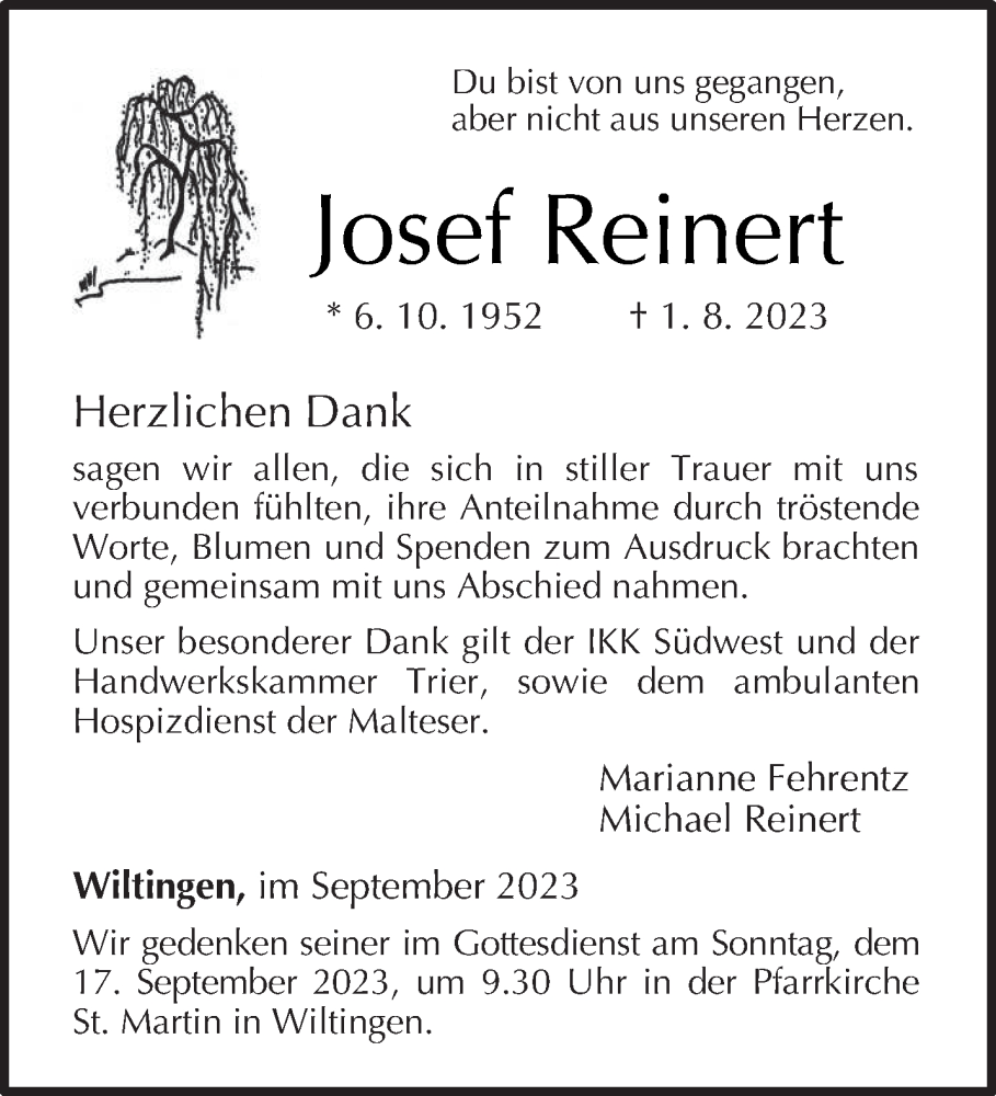  Traueranzeige für Josef Reinert vom 09.09.2023 aus trierischer_volksfreund