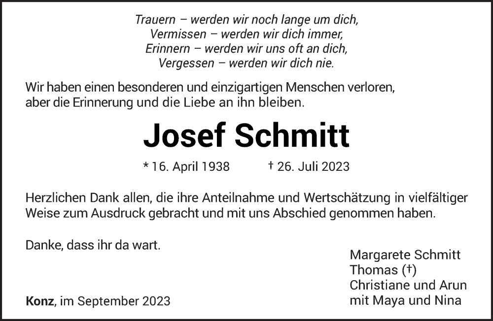  Traueranzeige für Josef Schmitt vom 16.09.2023 aus trierischer_volksfreund