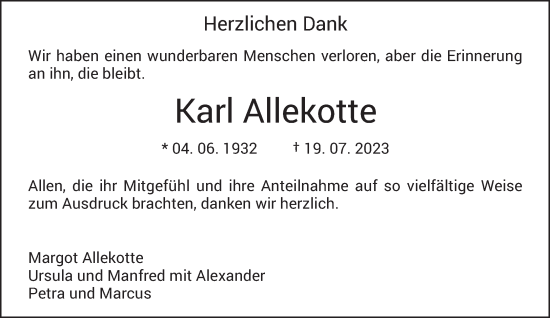 Traueranzeige von Karl Allekotte von trierischer_volksfreund