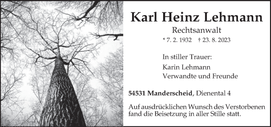 Traueranzeige von Karl Heinz Lehmann von trierischer_volksfreund