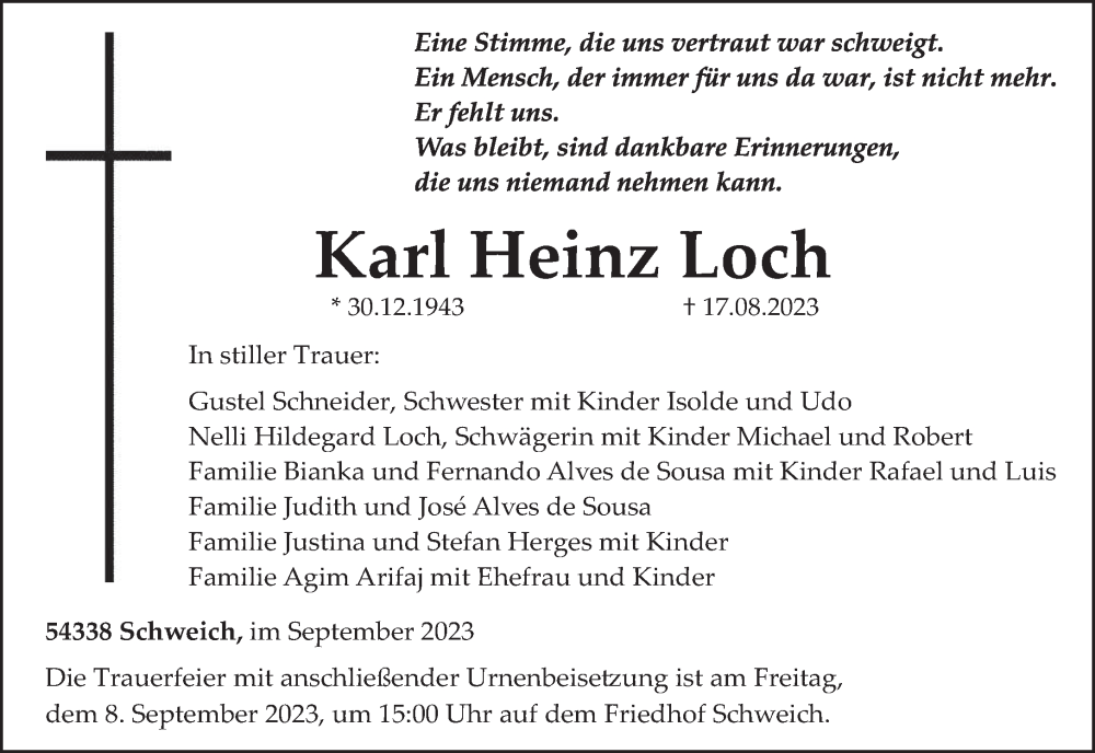  Traueranzeige für Karl Heinz Loch vom 02.09.2023 aus trierischer_volksfreund