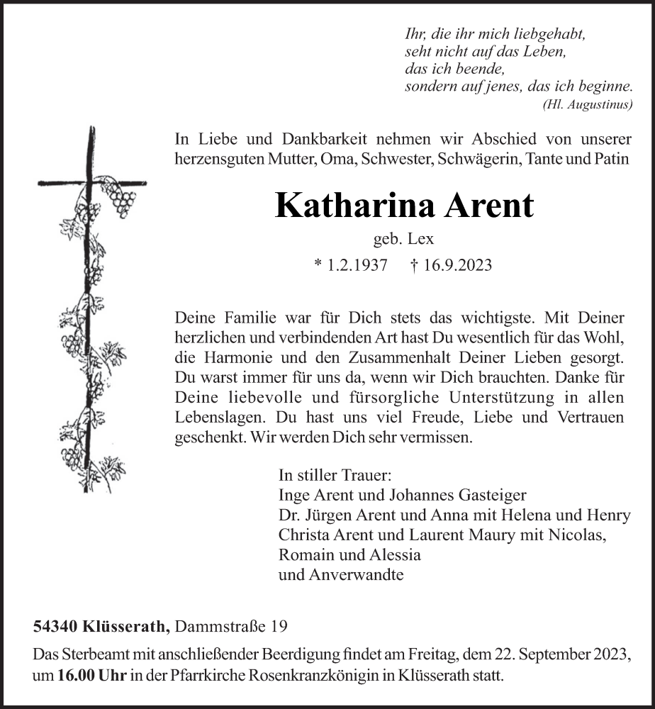  Traueranzeige für Katharina Arent vom 19.09.2023 aus trierischer_volksfreund