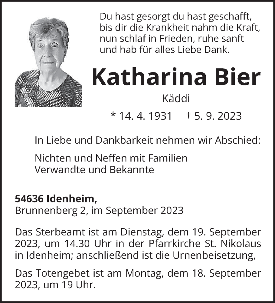  Traueranzeige für Katharina Bier vom 13.09.2023 aus trierischer_volksfreund