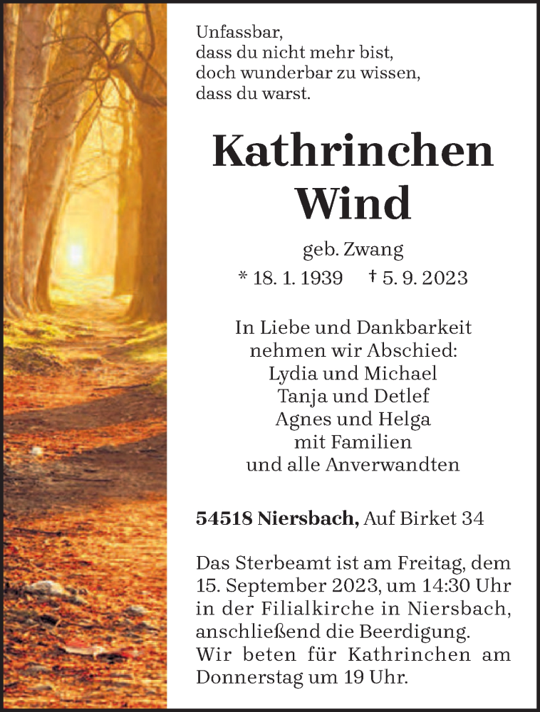  Traueranzeige für Kathrinchen Wind vom 09.09.2023 aus trierischer_volksfreund