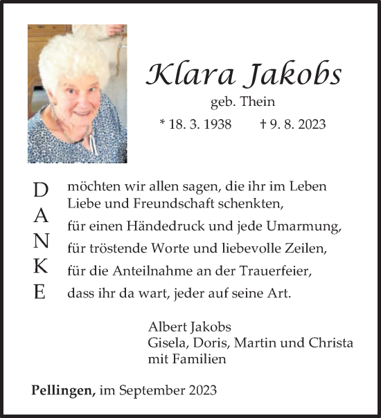 Traueranzeige von Klara Jakobs von trierischer_volksfreund