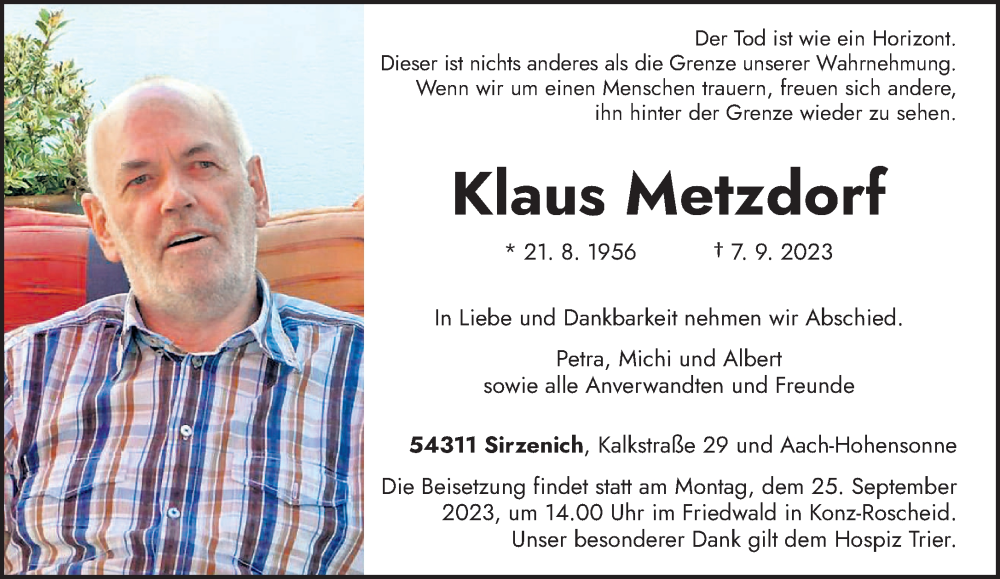  Traueranzeige für Klaus Metzdorf vom 20.09.2023 aus trierischer_volksfreund