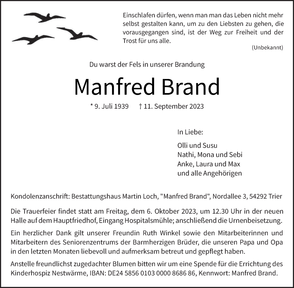  Traueranzeige für Manfred Brand vom 23.09.2023 aus trierischer_volksfreund