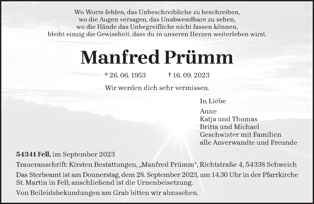  Traueranzeige für Manfred Prümm vom 23.09.2023 aus trierischer_volksfreund