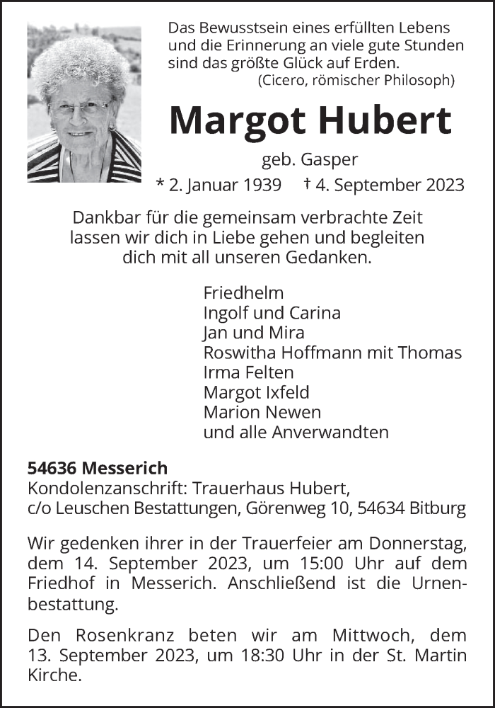  Traueranzeige für Margot Hubert vom 08.09.2023 aus trierischer_volksfreund