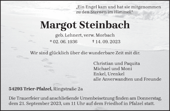 Traueranzeige von Margot Steinbach von trierischer_volksfreund