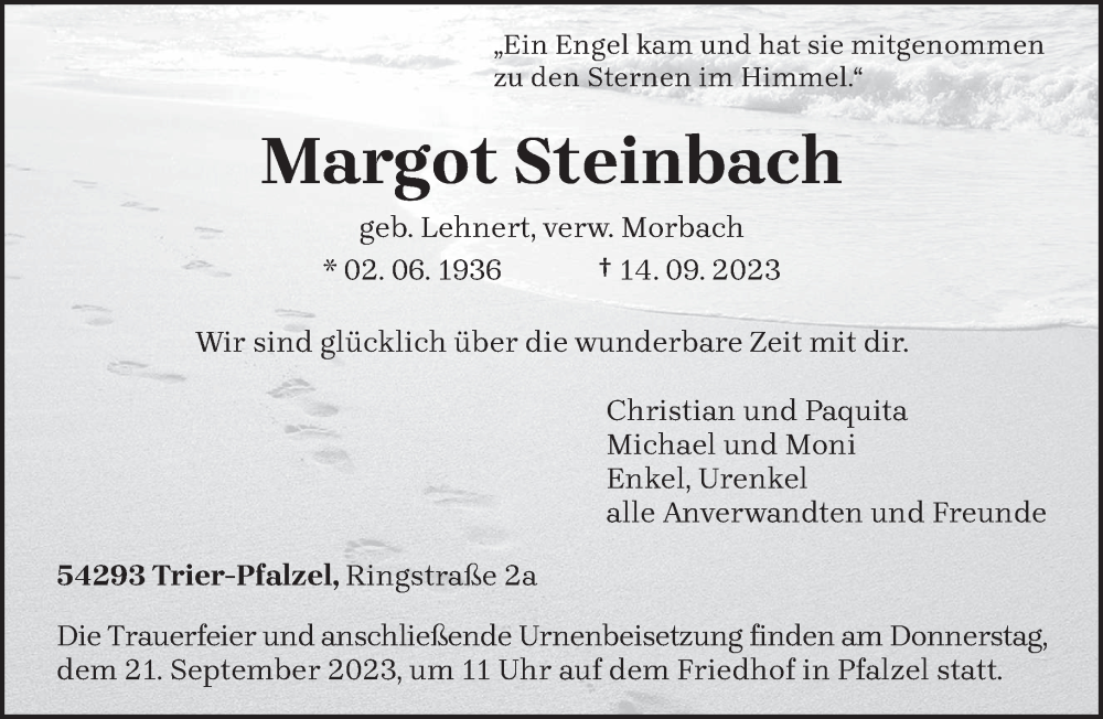  Traueranzeige für Margot Steinbach vom 19.09.2023 aus trierischer_volksfreund