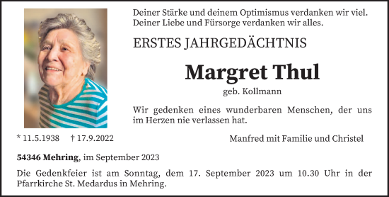 Traueranzeige von Margret Thul von trierischer_volksfreund