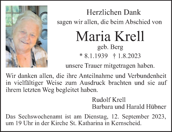 Traueranzeige von Maria Krell von trierischer_volksfreund