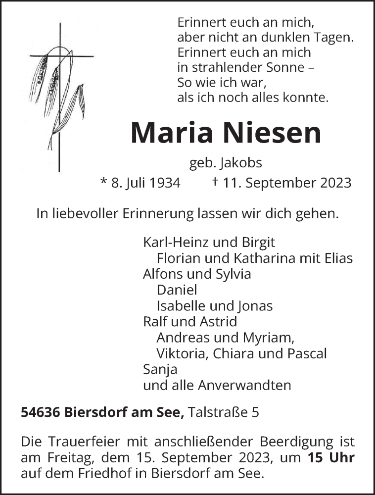  Traueranzeige für Maria Niesen vom 13.09.2023 aus trierischer_volksfreund