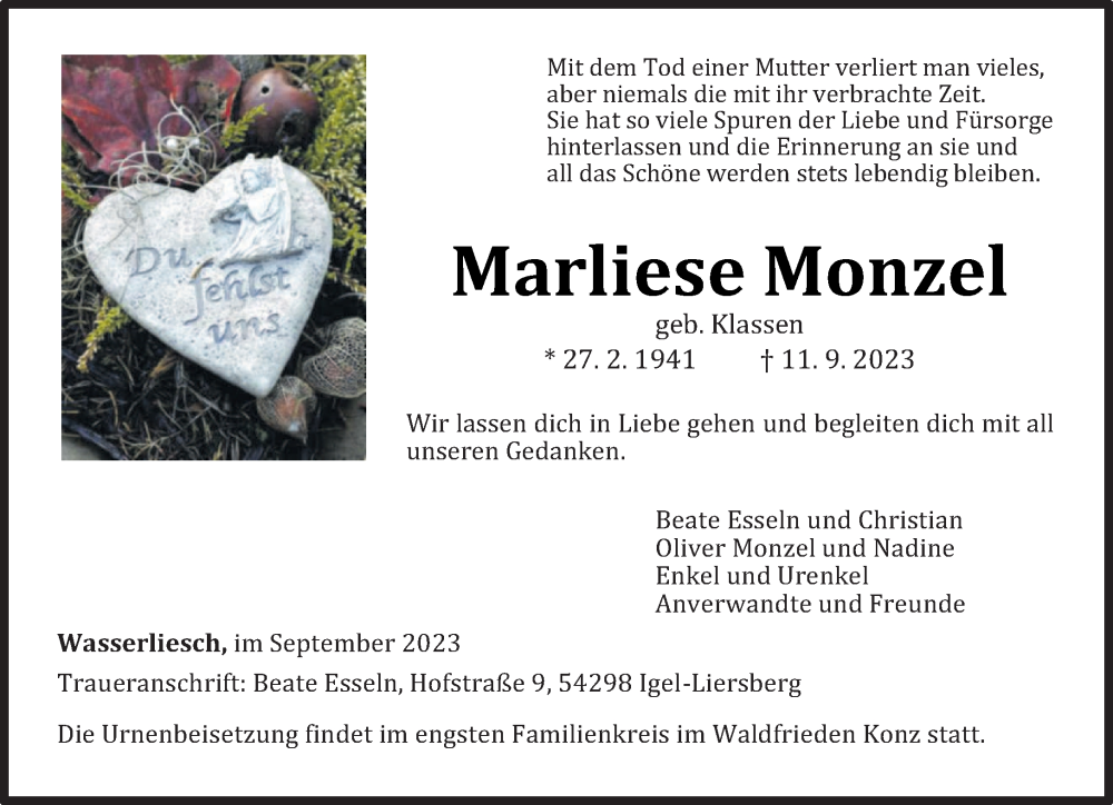 Traueranzeige für Marliese Monzel vom 16.09.2023 aus trierischer_volksfreund
