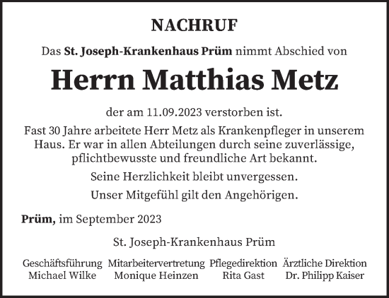 Traueranzeigen von Matthias Metz | Volksfreund.Trauer.de