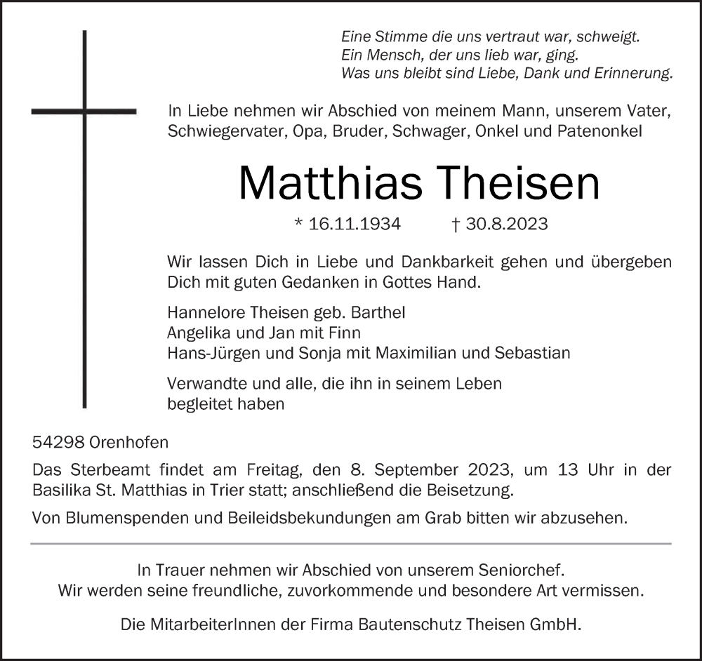  Traueranzeige für Matthias Theisen vom 05.09.2023 aus trierischer_volksfreund