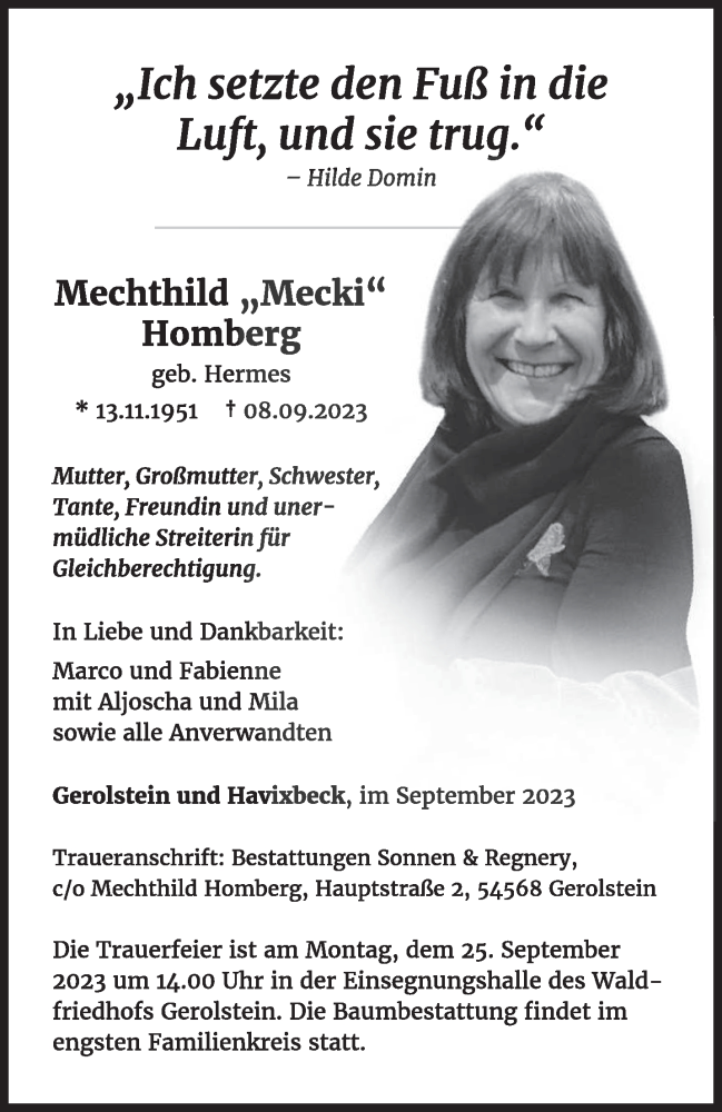  Traueranzeige für Mechthild Homberg vom 22.09.2023 aus trierischer_volksfreund