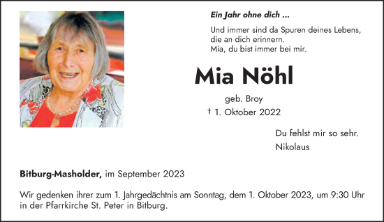 Traueranzeige von Mia Nöhl Nöhl von trierischer_volksfreund