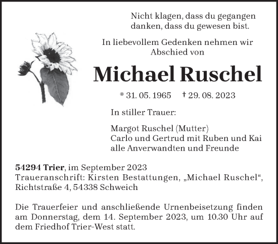 Traueranzeige von Michael Ruschel von trierischer_volksfreund