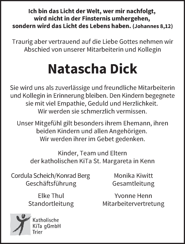  Traueranzeige für Natascha Dick vom 06.09.2023 aus trierischer_volksfreund