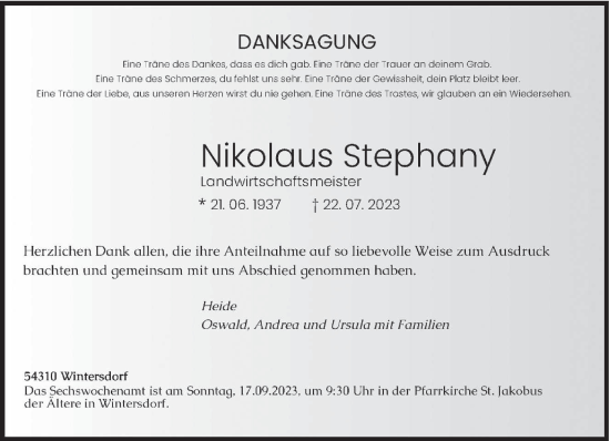 Traueranzeige von Nikolaus Stephany von trierischer_volksfreund