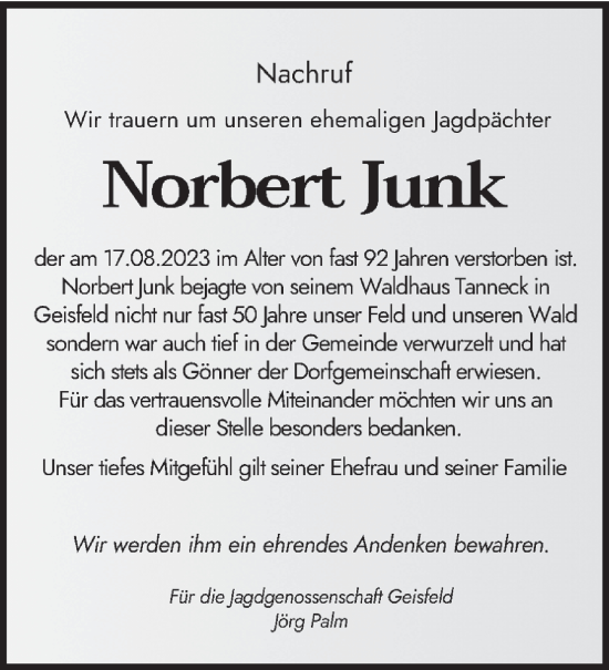 Traueranzeige von Norbert Junk von trierischer_volksfreund