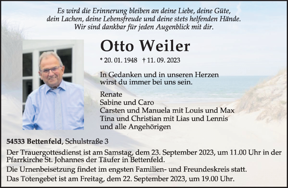  Traueranzeige für Otto Weiler vom 16.09.2023 aus trierischer_volksfreund