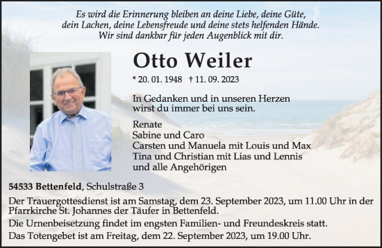 Traueranzeigen Von Otto Weiler | Volksfreund.Trauer.de