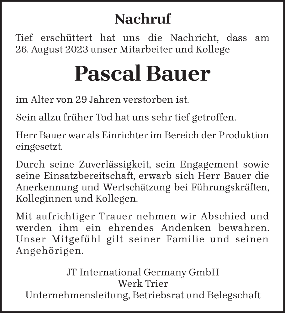  Traueranzeige für Pascal Bauer vom 07.09.2023 aus trierischer_volksfreund