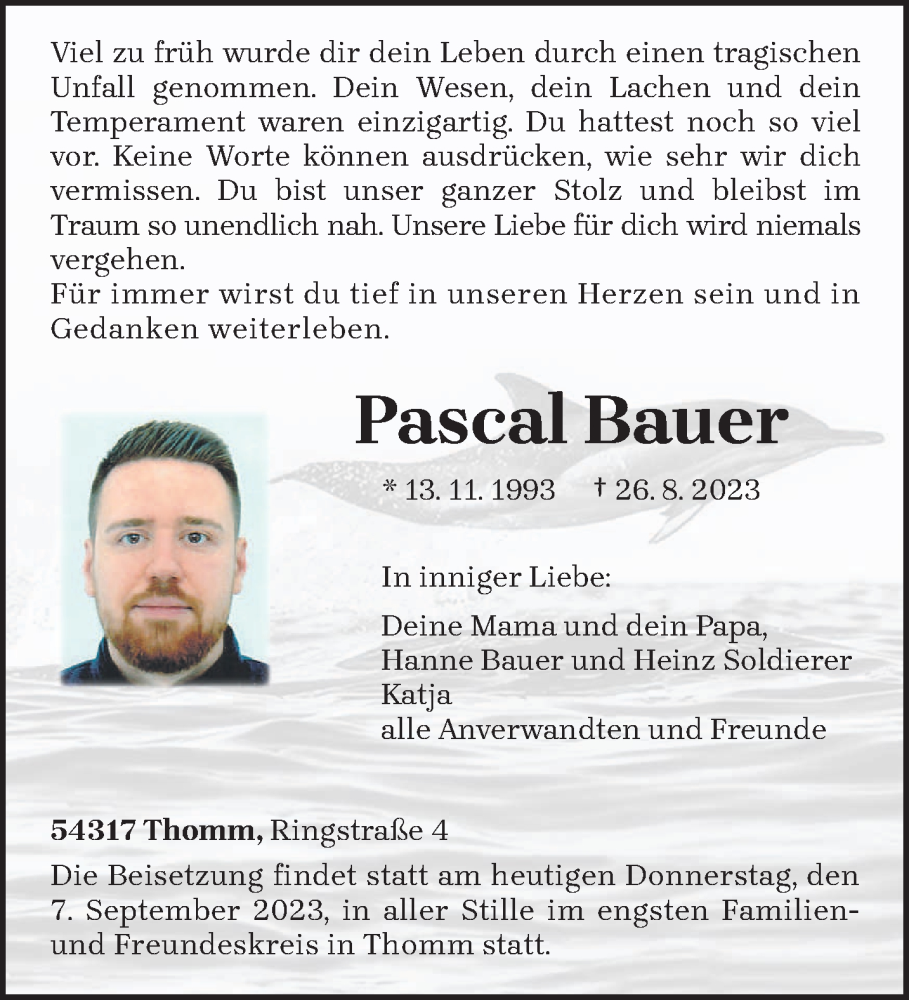  Traueranzeige für Pascal Bauer vom 07.09.2023 aus trierischer_volksfreund