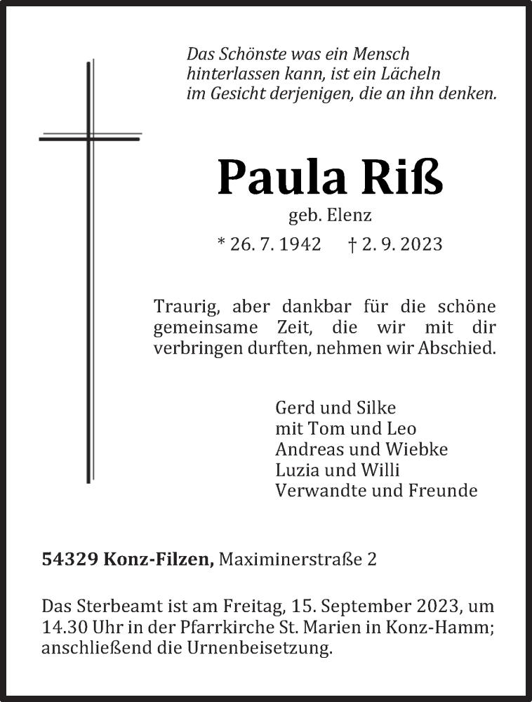  Traueranzeige für Paula Riß vom 09.09.2023 aus trierischer_volksfreund