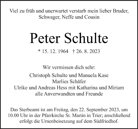 Traueranzeige von Peter Schulte von trierischer_volksfreund