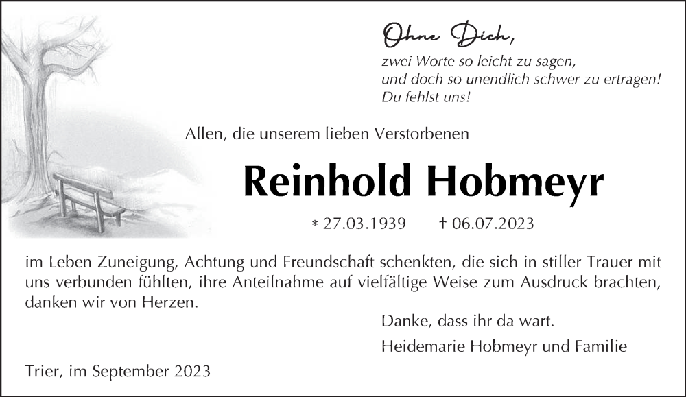  Traueranzeige für Reinhold Hobmeyr vom 02.09.2023 aus trierischer_volksfreund