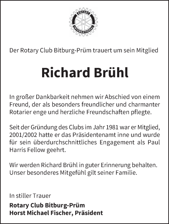 Traueranzeige von Richard Brühl von trierischer_volksfreund