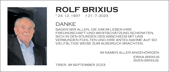 Traueranzeige von Rolf Brixius von trierischer_volksfreund
