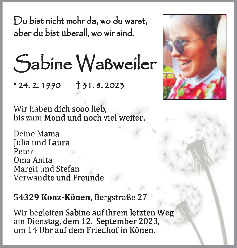  Traueranzeige für Sabine Waßweiler vom 09.09.2023 aus trierischer_volksfreund