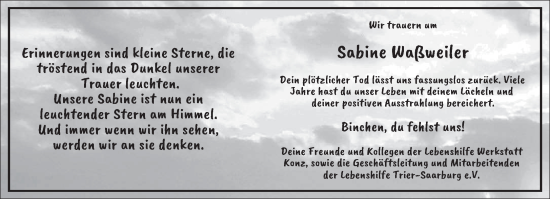 Traueranzeige von Sabine Waßweiler von trierischer_volksfreund