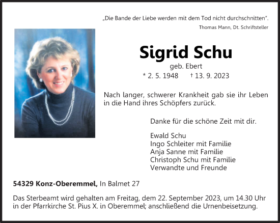 Traueranzeige von Sigrid Schu von trierischer_volksfreund