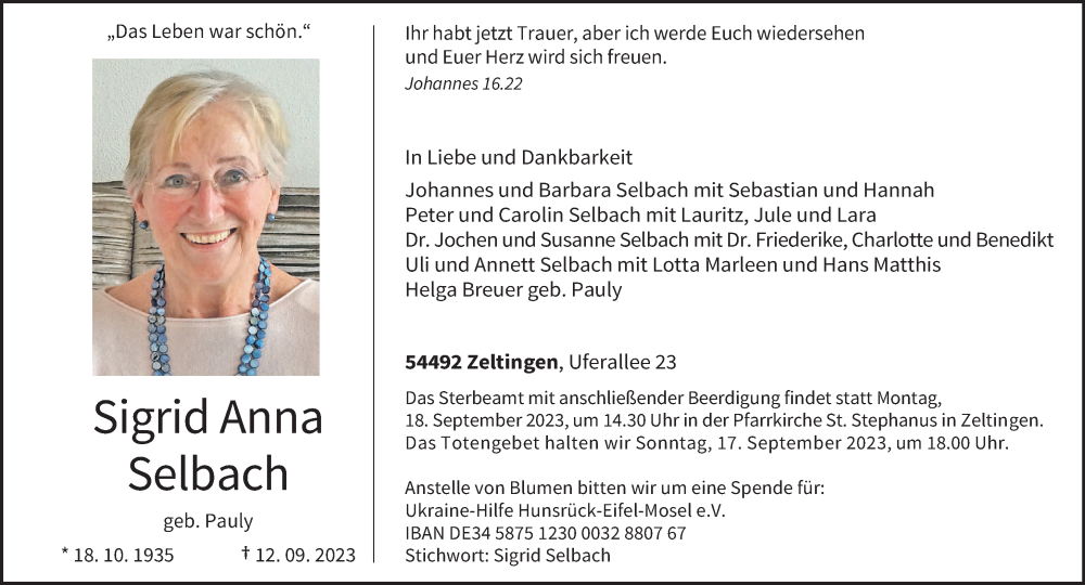  Traueranzeige für Sigrid Anna Selbach vom 16.09.2023 aus trierischer_volksfreund