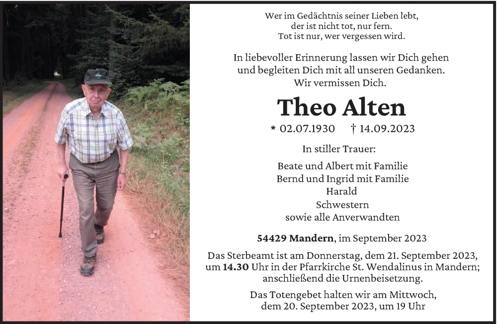  Traueranzeige für Theo Alten vom 18.09.2023 aus trierischer_volksfreund