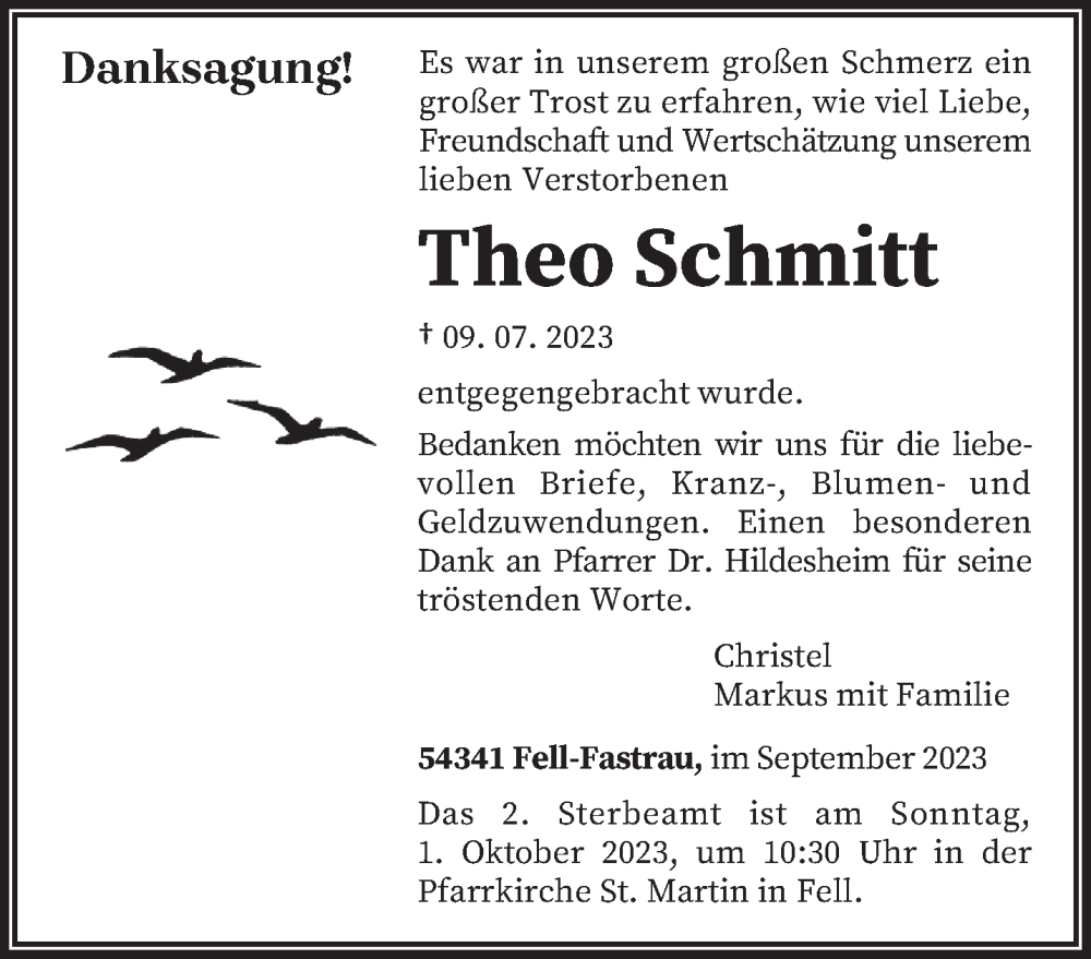 Traueranzeige für Theo Schmitt vom 27.09.2023 aus trierischer_volksfreund
