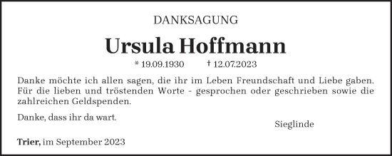 Traueranzeige von Ursula Hoffmann von trierischer_volksfreund