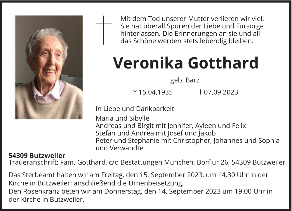  Traueranzeige für Veronika Gotthard vom 13.09.2023 aus trierischer_volksfreund