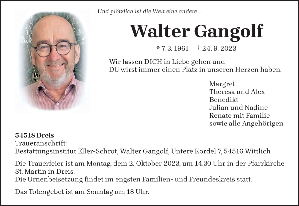  Traueranzeige für Walter Gangolf vom 28.09.2023 aus trierischer_volksfreund