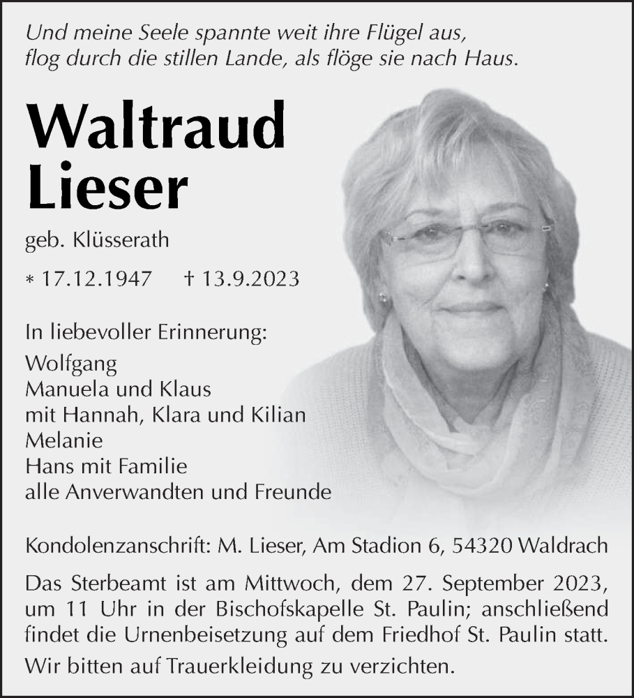  Traueranzeige für Waltraud Lieser vom 23.09.2023 aus trierischer_volksfreund