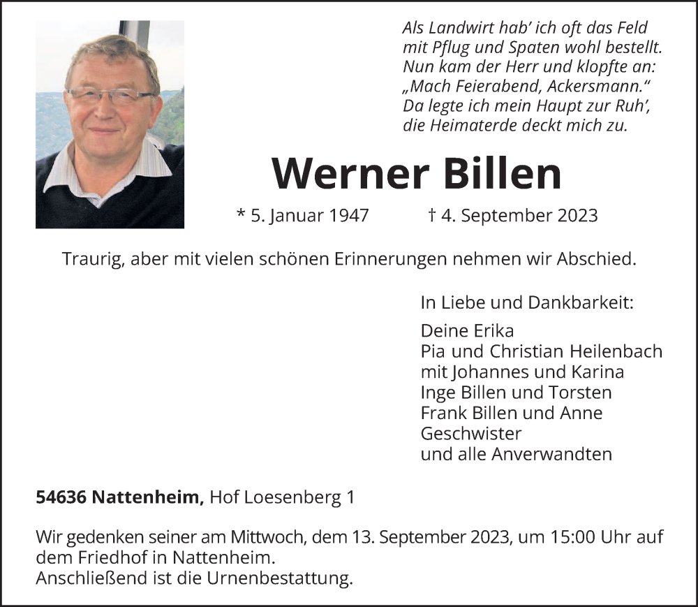  Traueranzeige für Werner Billen vom 09.09.2023 aus trierischer_volksfreund