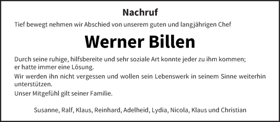 Traueranzeige von Werner Billen von trierischer_volksfreund