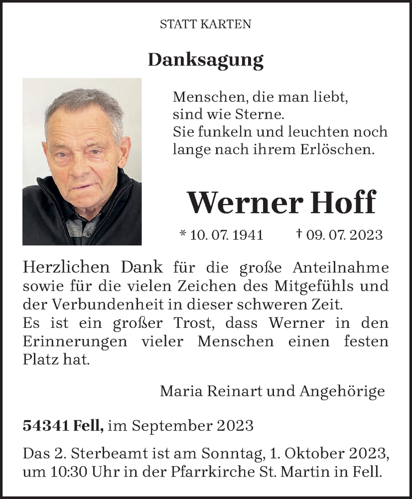  Traueranzeige für Werner Hoff vom 23.09.2023 aus trierischer_volksfreund