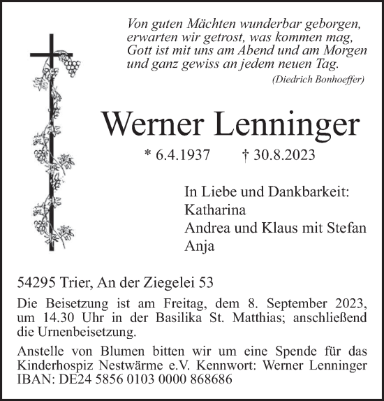 Traueranzeige von Werner Lenninger von trierischer_volksfreund
